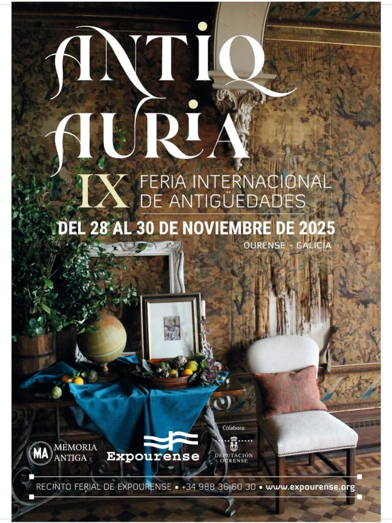 affiche annoncant la foire de ourense du 28 au 30/11/2025 et sur laquelle on peut voir des objets anciens